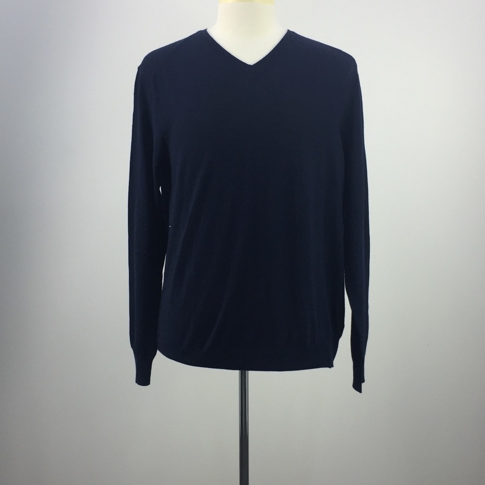 TAHARI LS V Neck Navy Blue Merino Wool Blend Shirt L